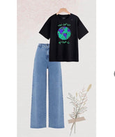 Black colour shirt(duniya 🌍)  print with sky blue wide leg jeans